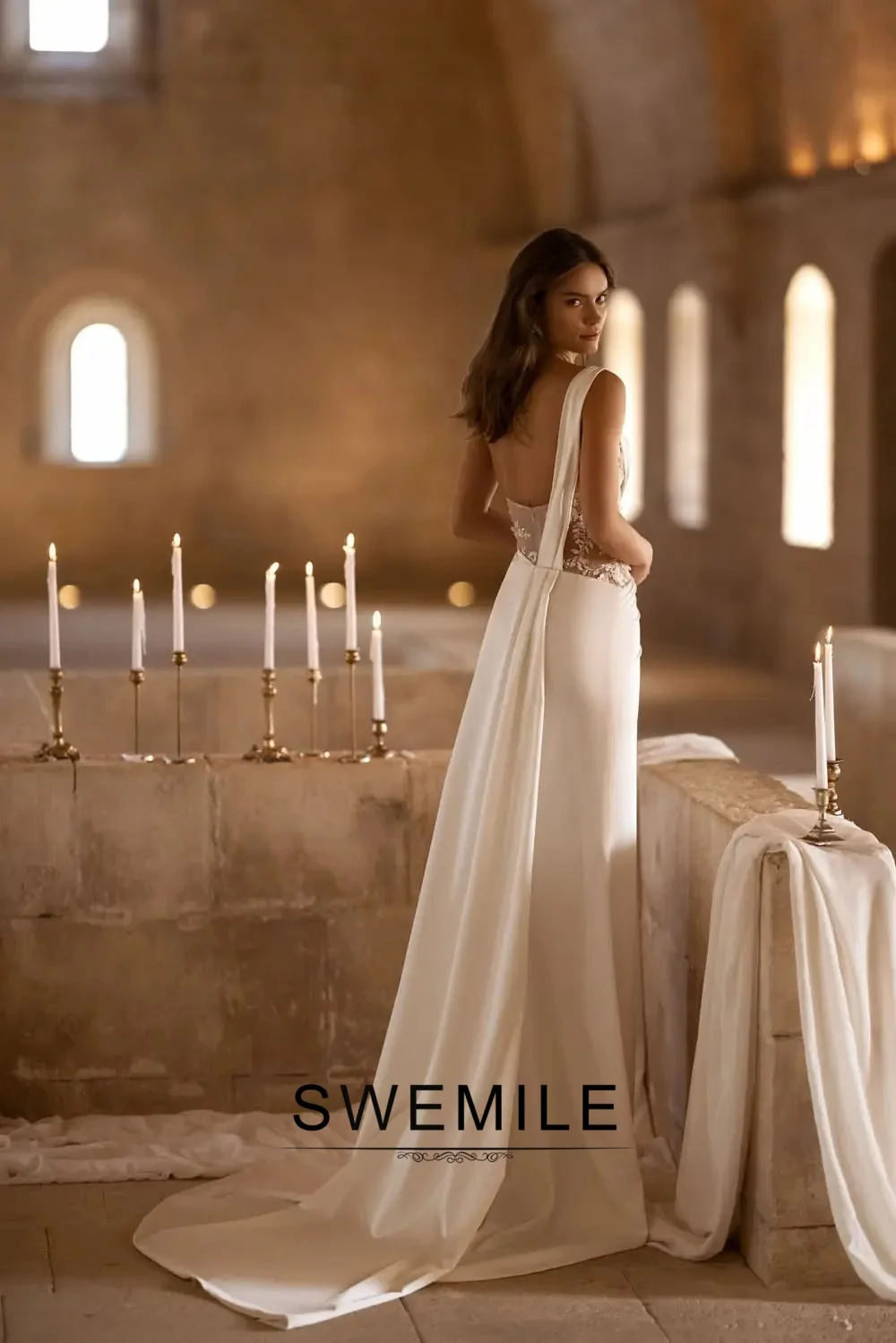 BM Bridal Stylish One Shoulder Wedding Dress for Women Bride Gowns Appliques Pleating Zipper Slit Vestidos Para Mujer Customized