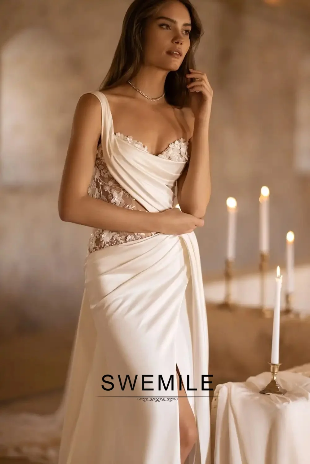 BM Bridal Stylish One Shoulder Wedding Dress for Women Bride Gowns Appliques Pleating Zipper Slit Vestidos Para Mujer Customized