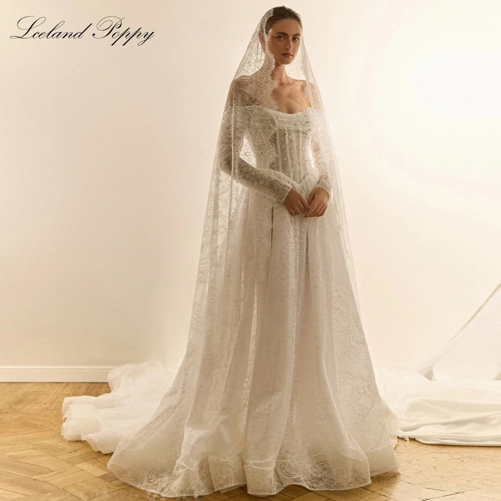 Lceland Poppy Customized A Line Boat Neck Lace Wedding Dresses Floor Length Beaded Bridal Gowns with Court Train
