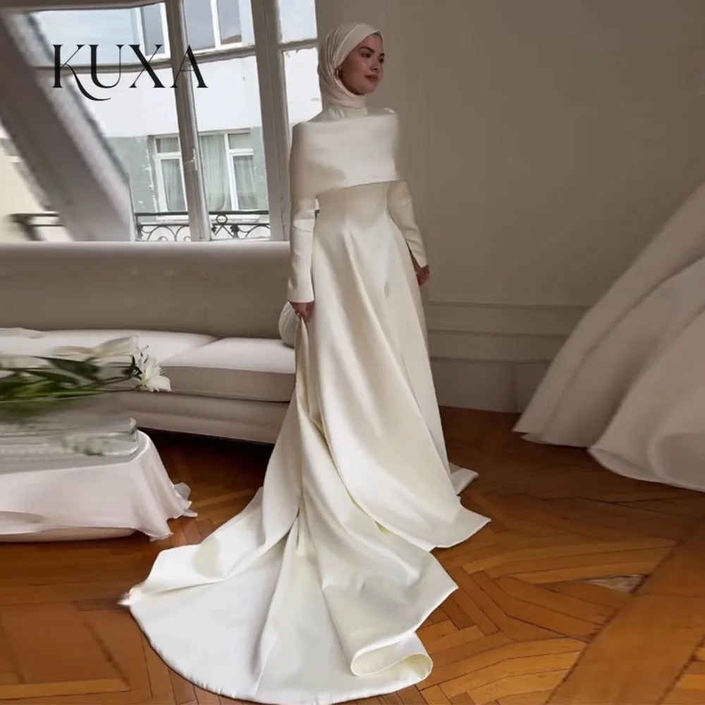 KUXA Customized Muslim Elegant Wedding Dresses A-Line Floor-Length Full Sleeves Buttons Pleated فساتين طويلة 2026