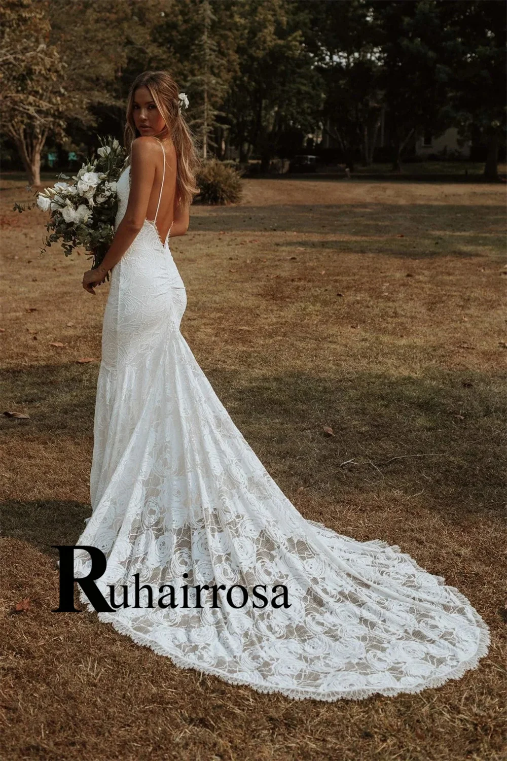 Ruhair Fancy Mermaid Wedding Dresses for Women Lace Appliques Spaghetti Straps Sleeveless Bridal Gown Robe De Mariee Customized