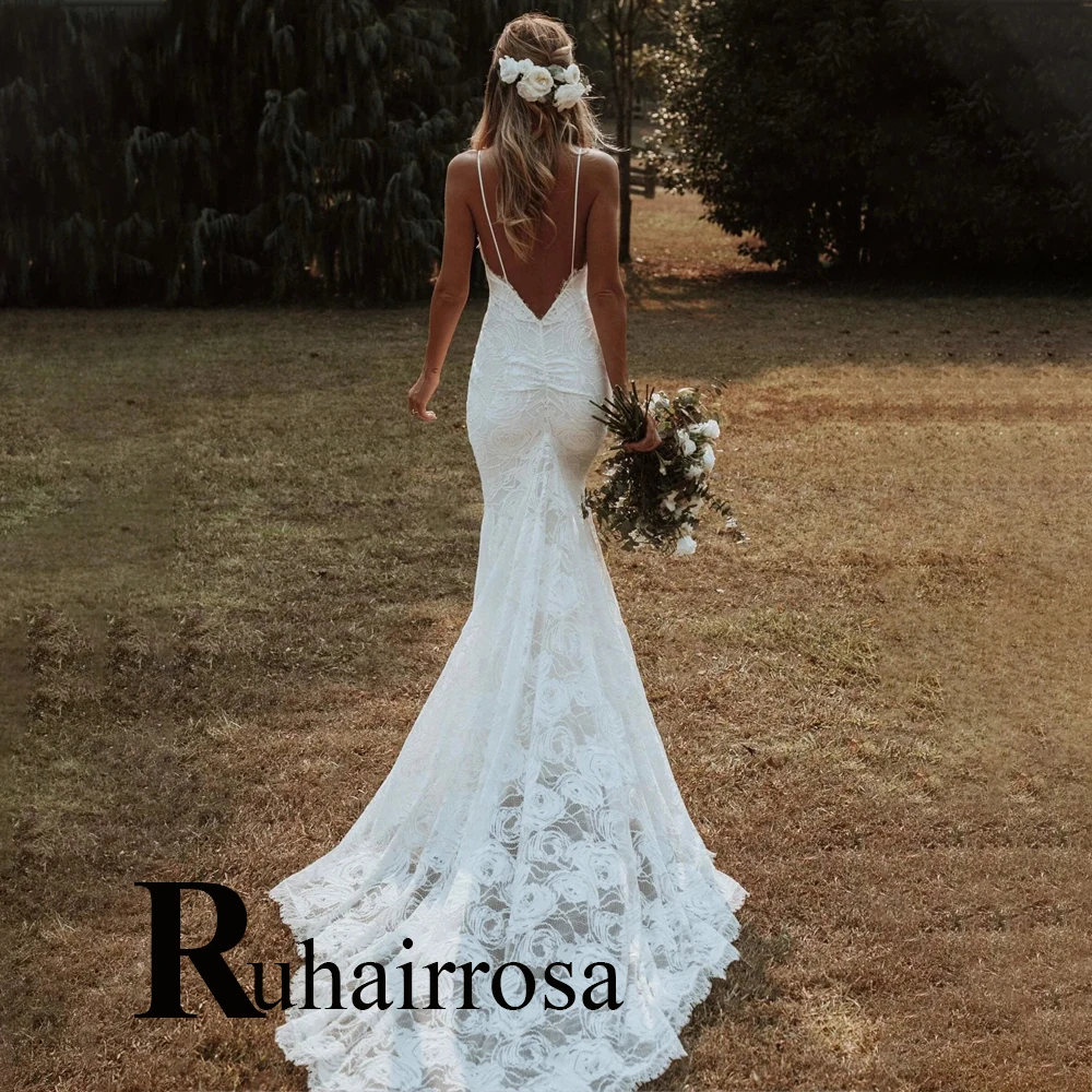 Ruhair Fancy Mermaid Wedding Dresses for Women Lace Appliques Spaghetti Straps Sleeveless Bridal Gown Robe De Mariee Customized
