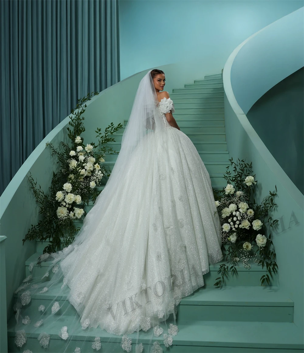 VIKTORIA Glitter Princess Wedding Dresses For Woman Bridal Ball Gowns Off Shoulder 3D Flowers Vestidos Novias Boda Custom Made