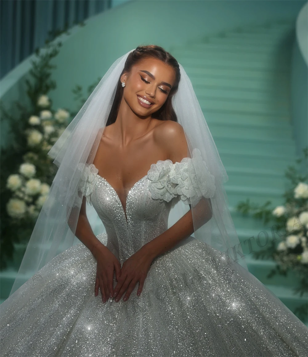 VIKTORIA Glitter Princess Wedding Dresses For Woman Bridal Ball Gowns Off Shoulder 3D Flowers Vestidos Novias Boda Custom Made