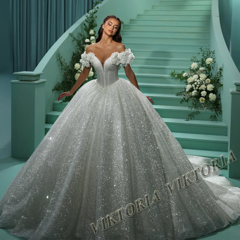 VIKTORIA Glitter Princess Wedding Dresses For Woman Bridal Ball Gowns Off Shoulder 3D Flowers Vestidos Novias Boda Custom Made