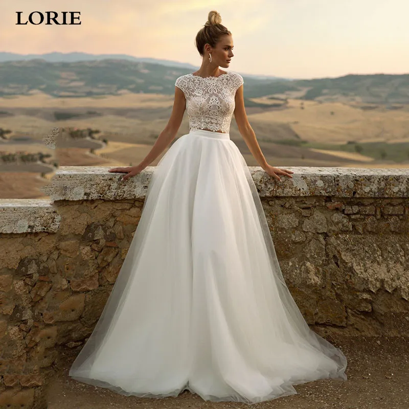 LORIE Vintage Lace Wedding Dresses A Line Cap Sleeve 2 Pieces Bridal Gowns Top Lace Country Wedding Dress Robe de mariée