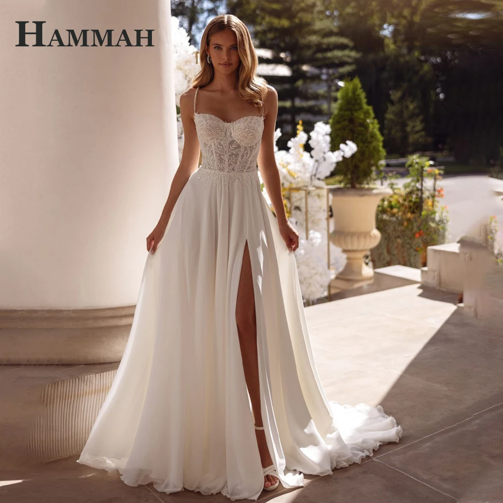 HAMMAH Fashionbale Sleeveless Wedding Dress Spaghetti Straps Lace Appliques Slit Sweetheart Zipper Robe De Mariee Customized