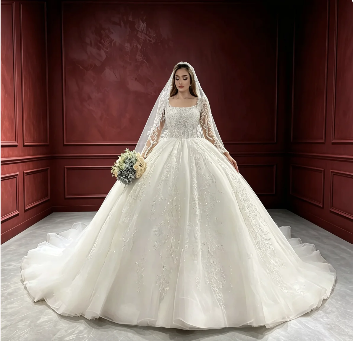 Customized Wedding Dress Luxury Square Neck Long Sleeves Lace Appliques Ball Gown With Veil Cathedral Train Made Bridal For Brid