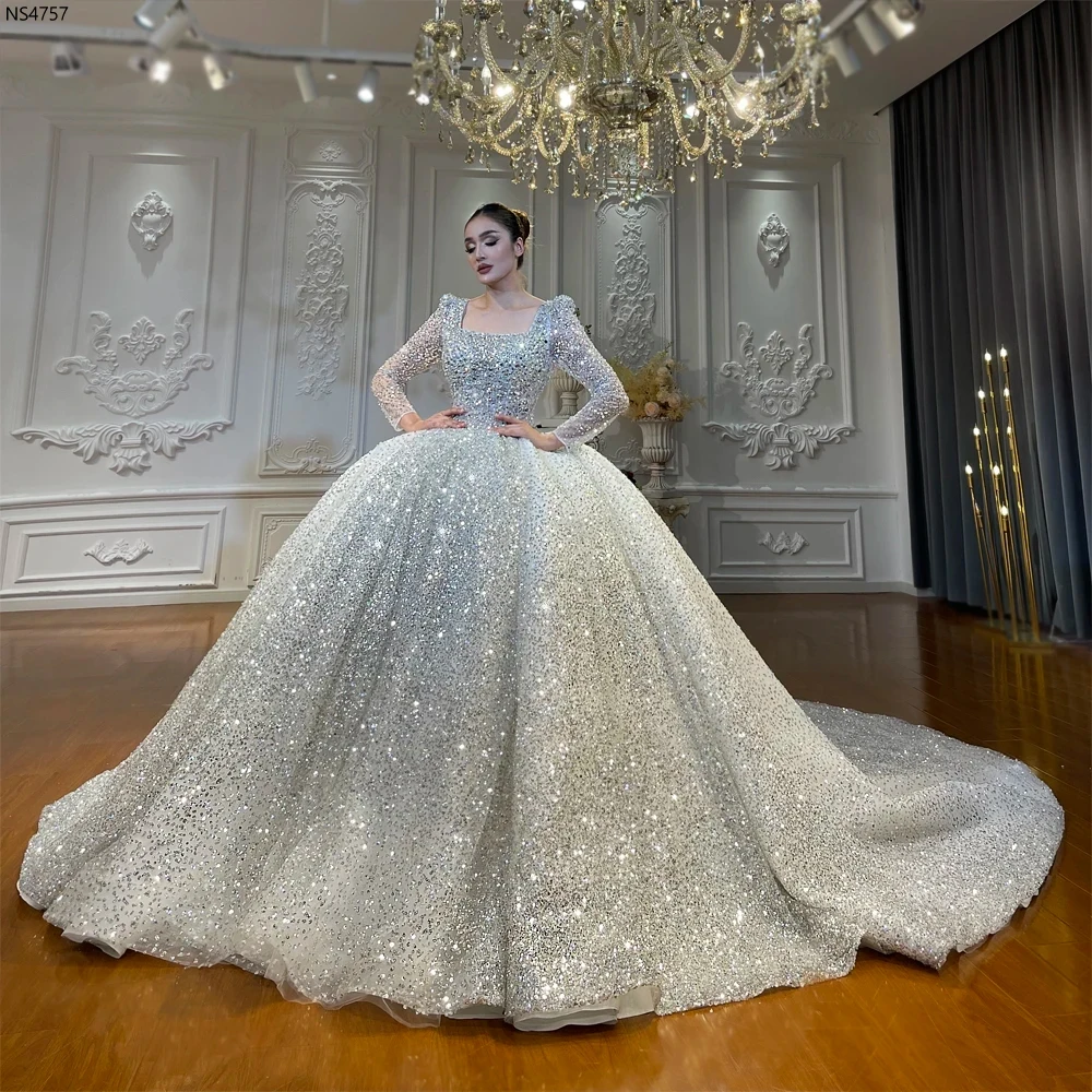 Customized Amanda Novias Official Square Neckline Long Sleeves Sparkly Wedding Dress
