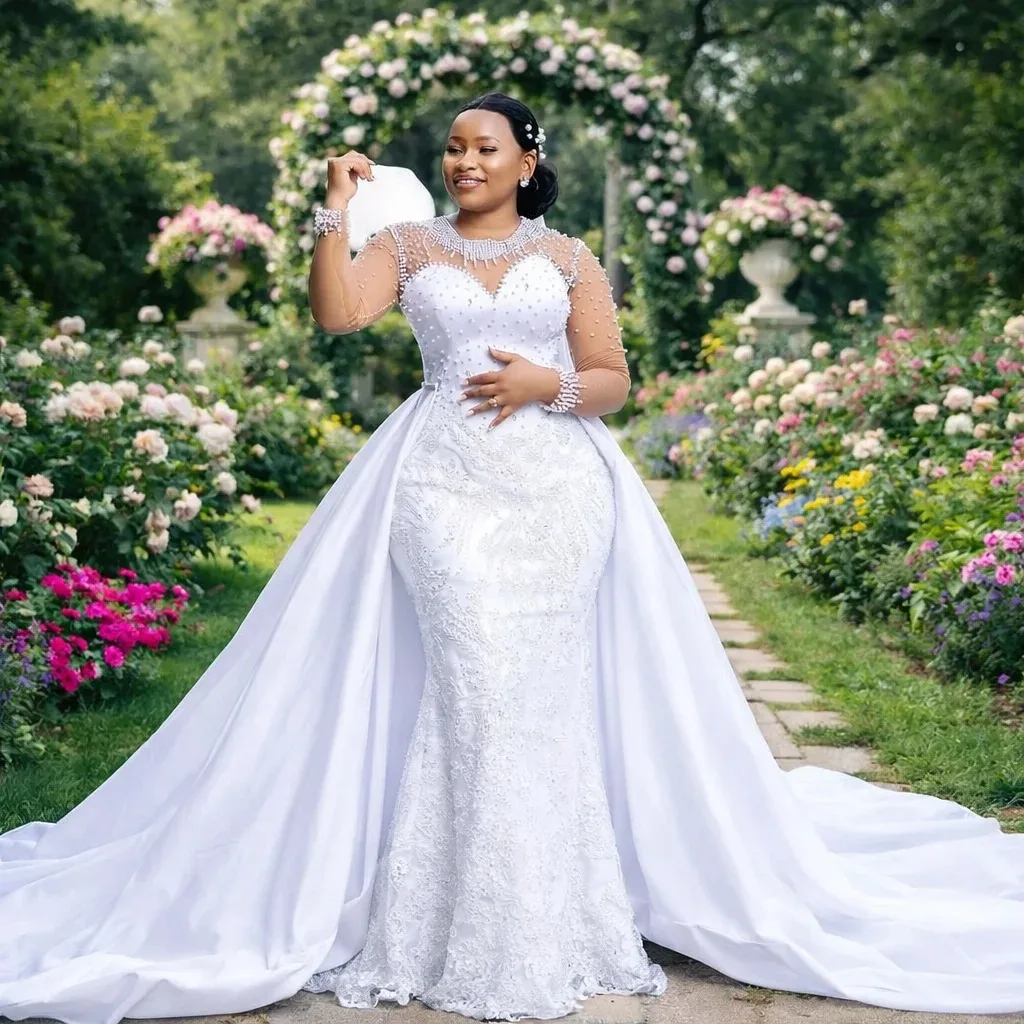 Customized African O Neck Shinny Pearls Beads Mermaid Wedding Dress for Woman Long Sleeves Bridal Gown with Removable Skirt