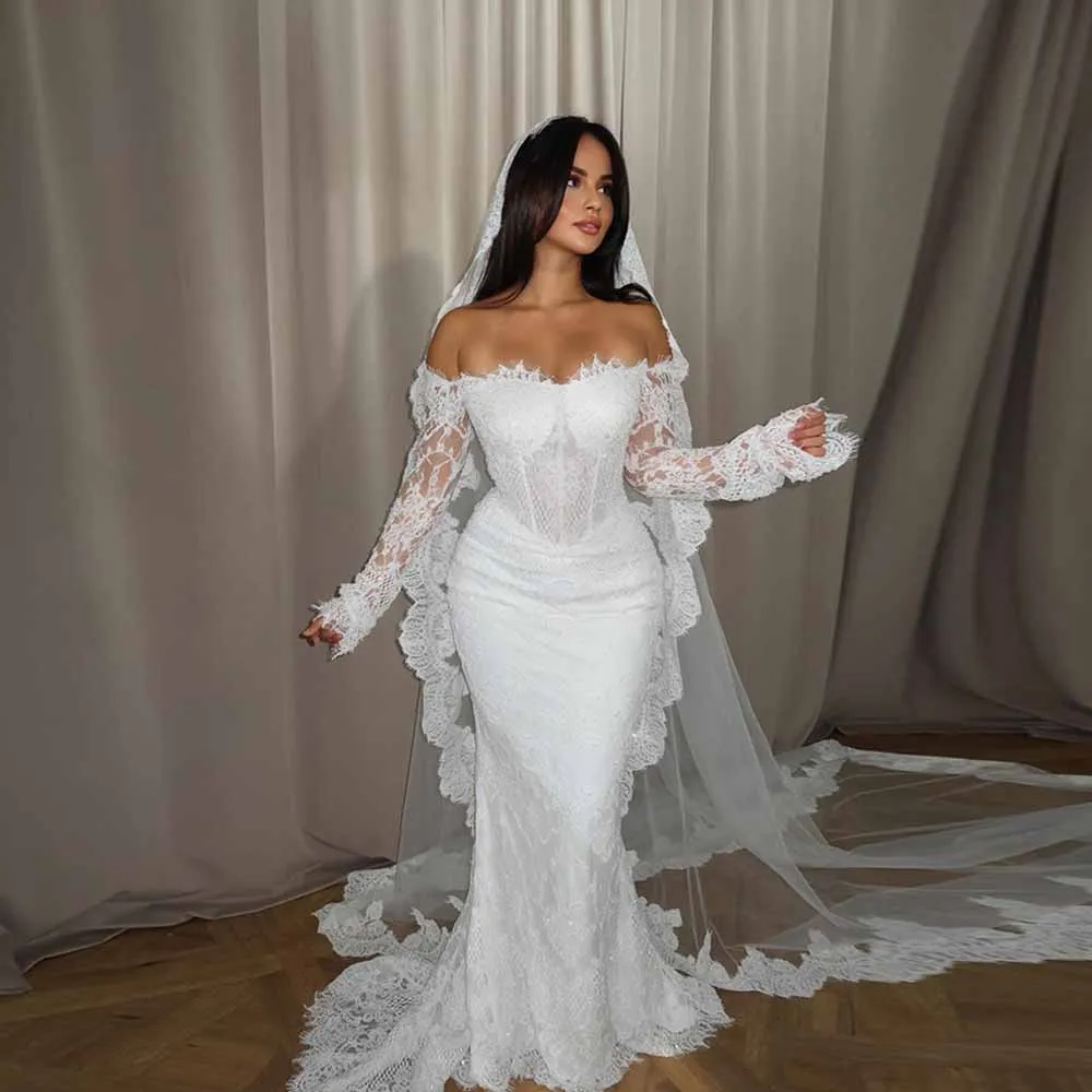Customized Mermaid Off Shoulder Lace Wedding Dress Exquisite Appliques Sweetheart Long Sleeves Bridal Gown Vestidos De Novia