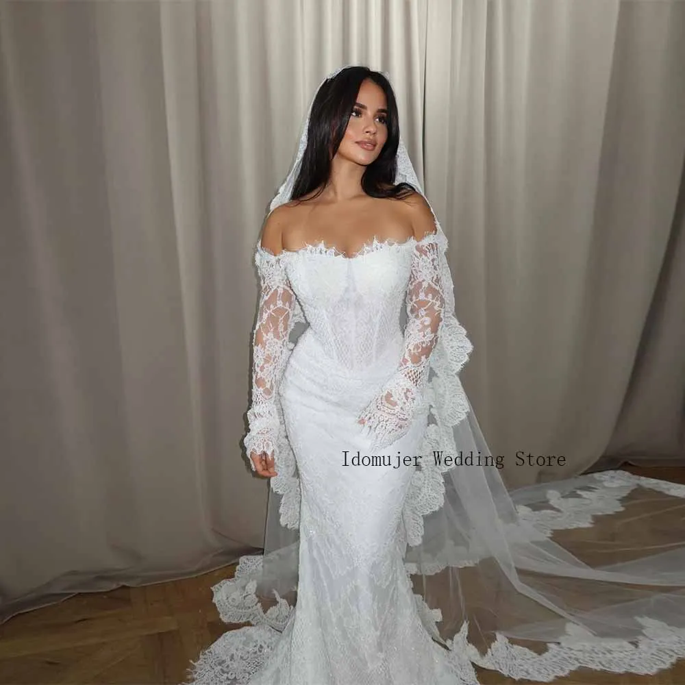 Customized Mermaid Off Shoulder Lace Wedding Dress Exquisite Appliques Sweetheart Long Sleeves Bridal Gown Vestidos De Novia