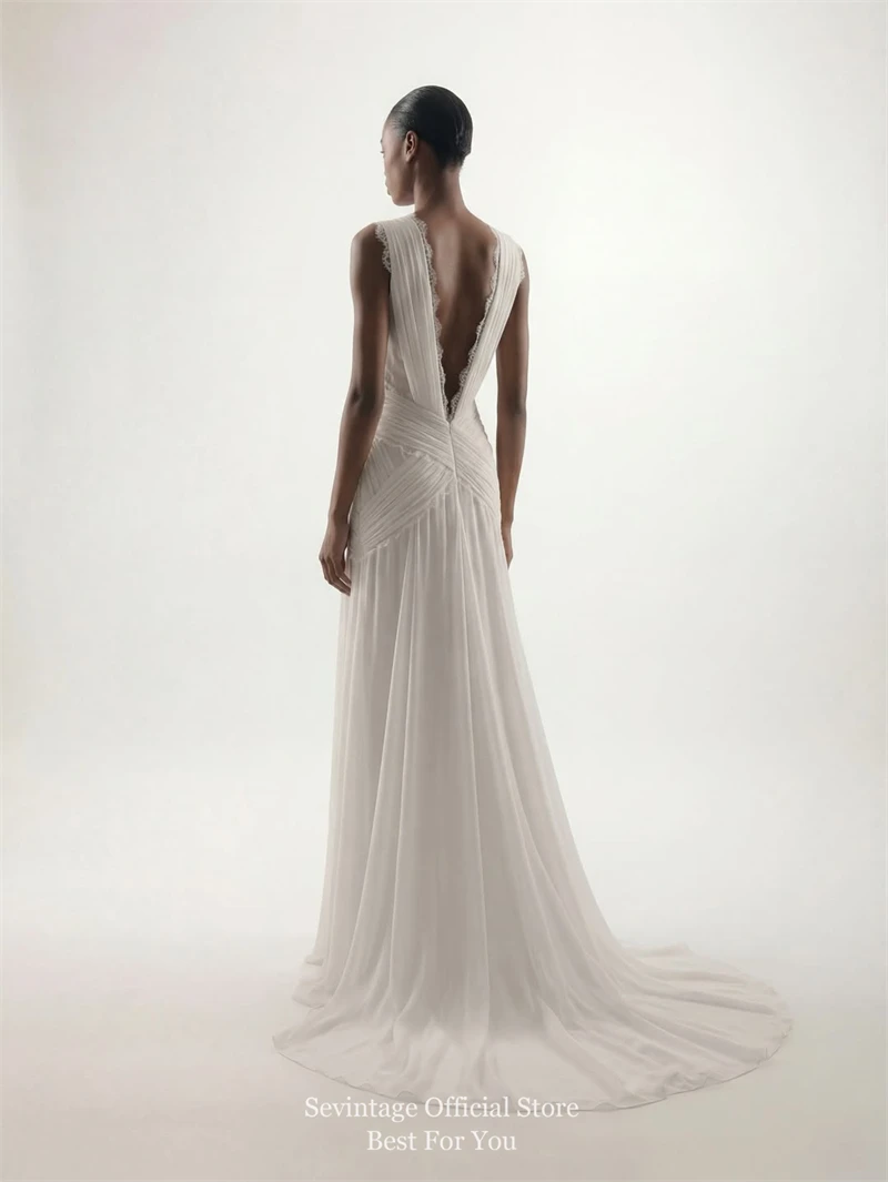 Sevintage Bohemian Chiffon Wedding Dresses Dark V-Neck Sleeveless Bridal Gowns Backless Pleated Lace A-Line Wedding Gowns Custom
