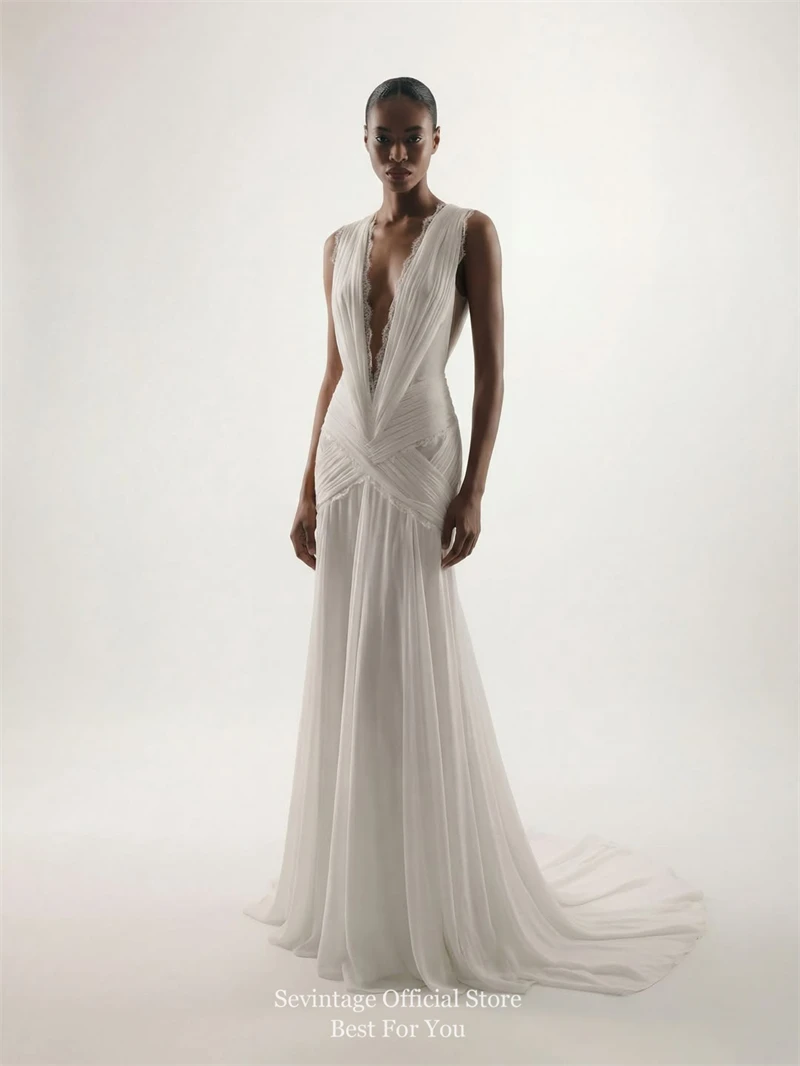 Sevintage Bohemian Chiffon Wedding Dresses Dark V-Neck Sleeveless Bridal Gowns Backless Pleated Lace A-Line Wedding Gowns Custom