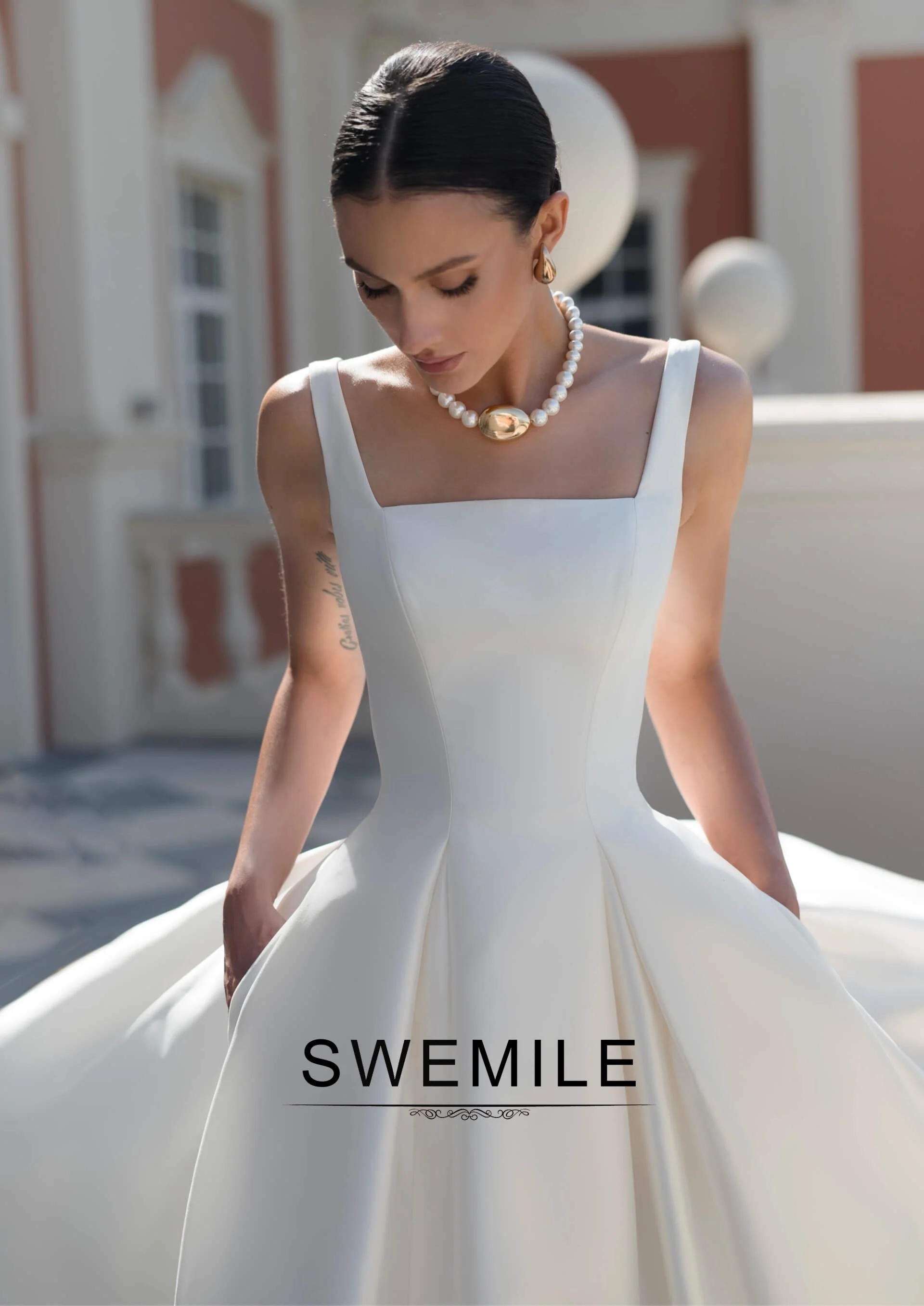 SWEMILE Elegant Satin Wedding Dress for Women Bride Gowns A-line Buttons Square Collar Sleeveless Vestidos Para Mujer Customized