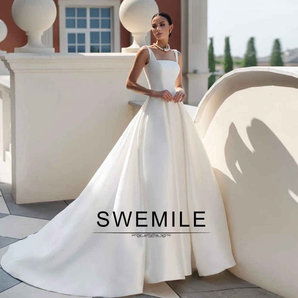 SWEMILE Elegant Satin Wedding Dress for Women Bride Gowns A-line Buttons Square Collar Sleeveless Vestidos Para Mujer Customized