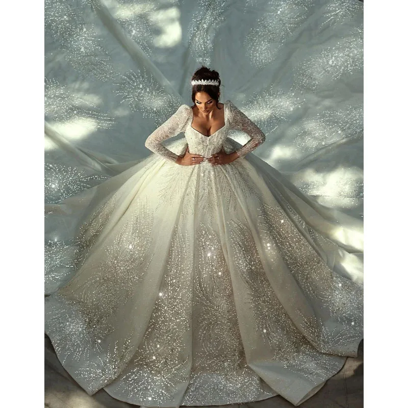Gwn&Gce 2026 Train Customized Beaded Long Wedding Dresses Modest Long Sleeve Bridal Gown Charming Princess Dresses For Bride
