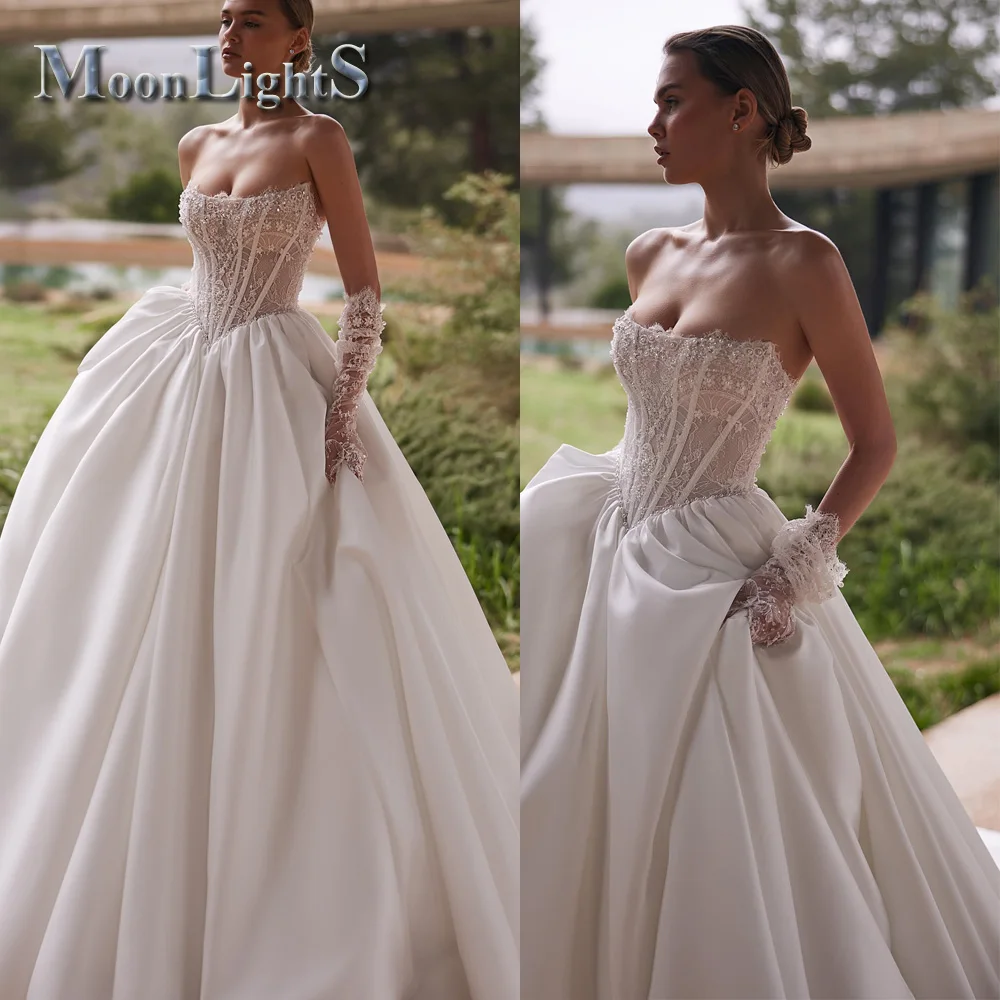 Moonlight Vintage A-line Wedding Dresses for Women Lace up Sleeveless no gloves Court Train Robe De Soiree De Mariage Customized