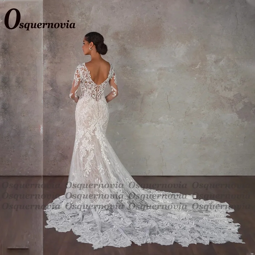 Osquernovia Charming V-Neck Wedding Dresses Lace Appliques Mermaid Button Court Train Floor Length Vestidos De Novia Customised