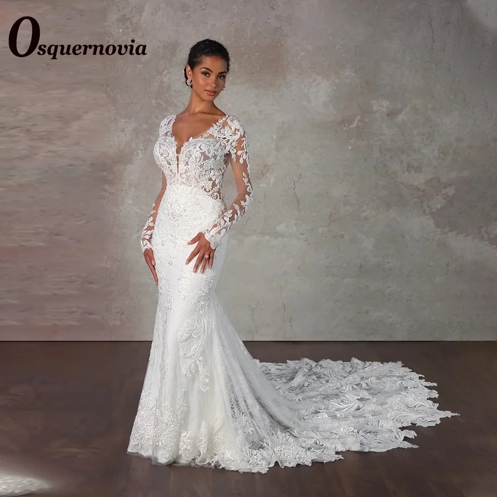 Osquernovia Charming V-Neck Wedding Dresses Lace Appliques Mermaid Button Court Train Floor Length Vestidos De Novia Customised