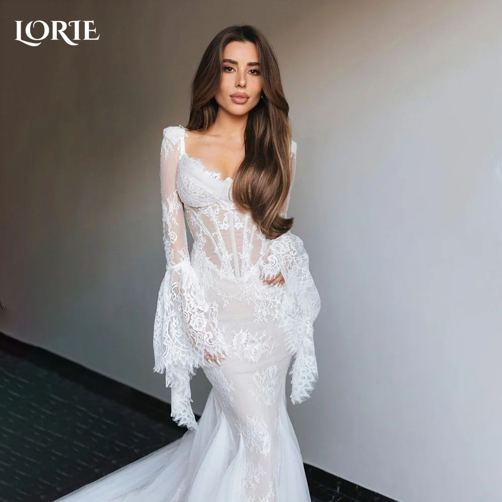 LORIE 3D Flowers Lace Wedding Dresses Puff Sleeve A-Line V Neck Pricess Beach Bridal Gown Boho Backless Bride Dresses Customized