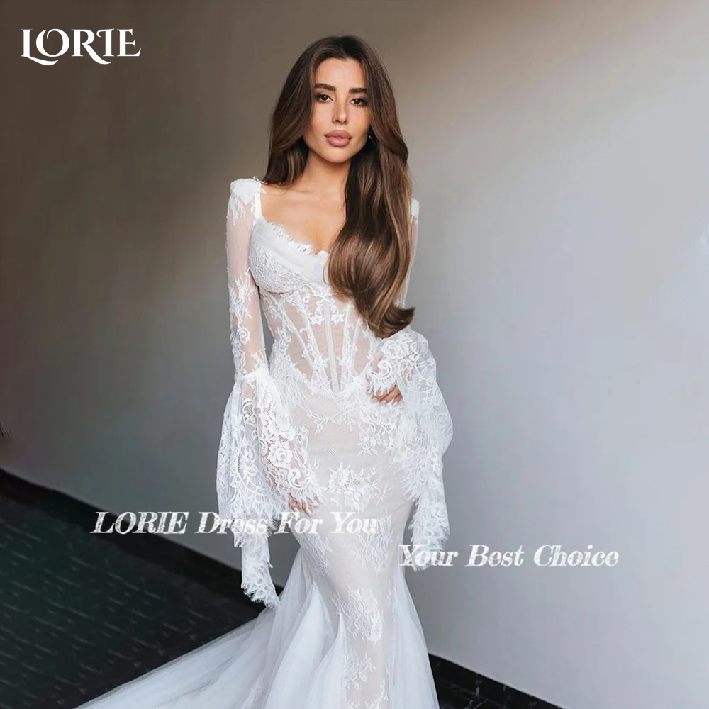 LORIE 3D Flowers Lace Wedding Dresses Puff Sleeve A-Line V Neck Pricess Beach Bridal Gown Boho Backless Bride Dresses Customized