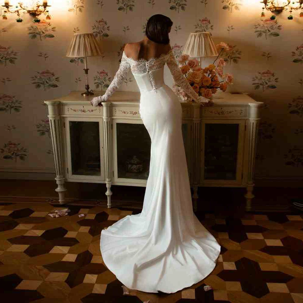 Off Shoulder mermaid Wedding Dresses Elegant Long Sleeves Backless Robes For Women Mopping Length Vestidos De Novias Customized