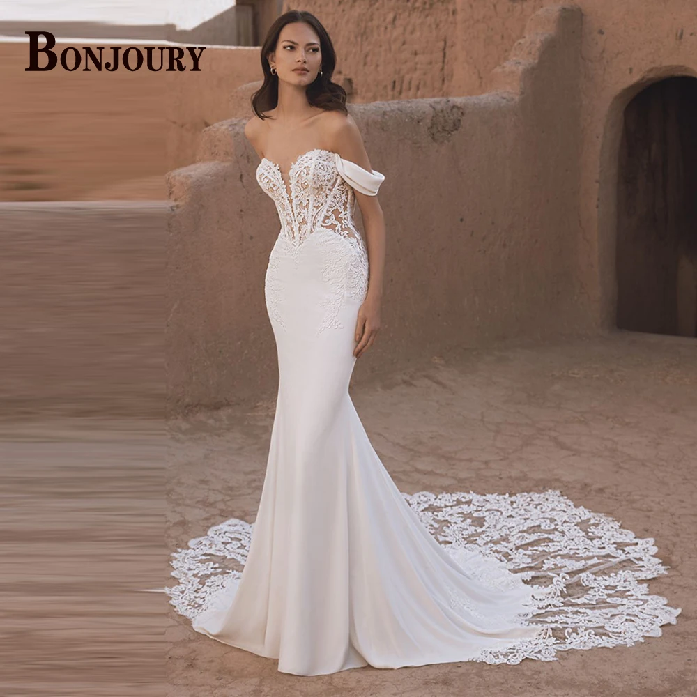 BONJOURY Elegant Wedding Dresses for Bride Off the Shoulder Appliques Trumpet Zipper Court Train Abito Da Sposa Customized