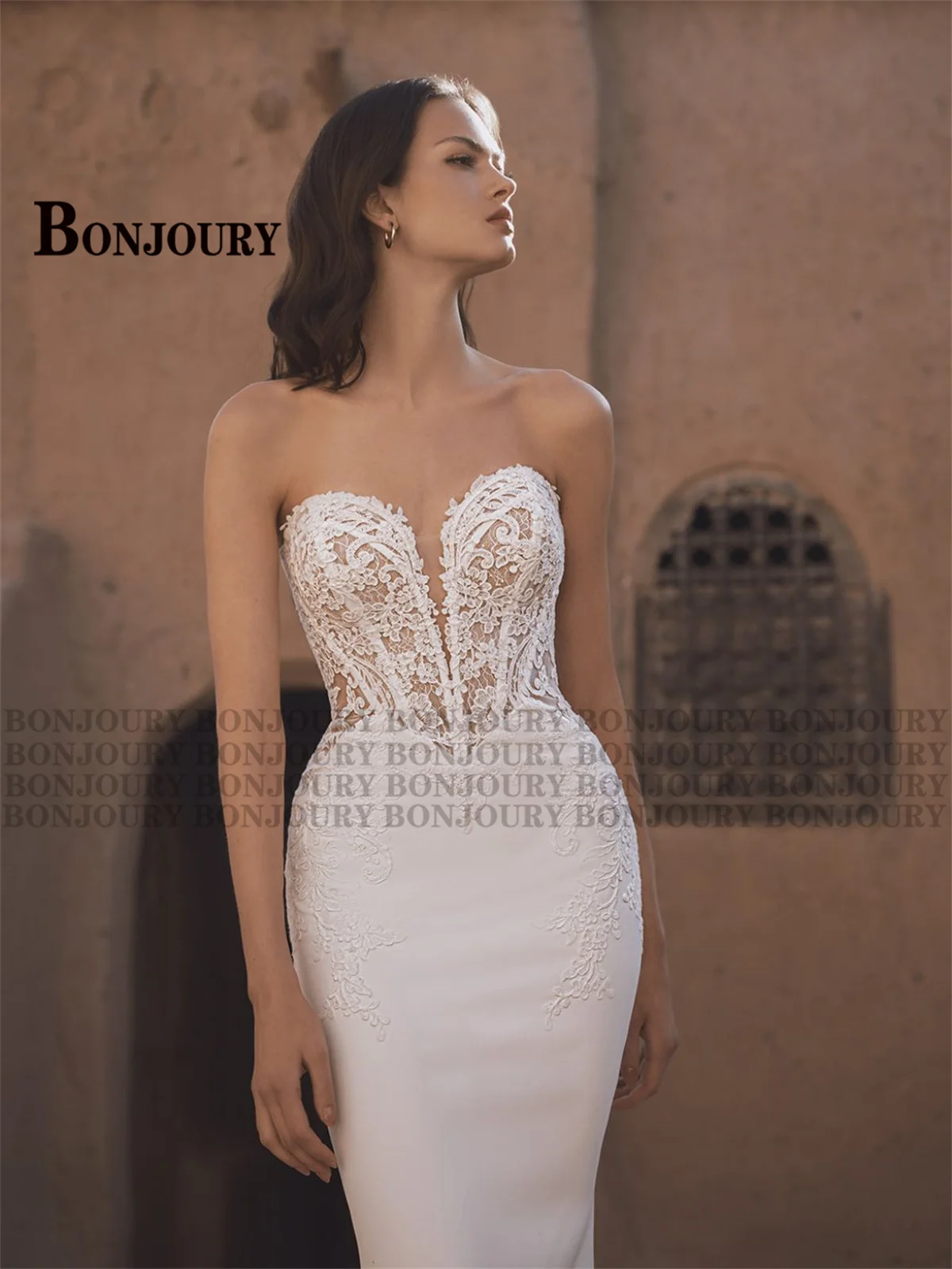 BONJOURY Elegant Wedding Dresses for Bride Off the Shoulder Appliques Trumpet Zipper Court Train Abito Da Sposa Customized