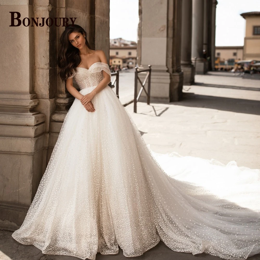 BONJOURY Elegant Wedding Dresses for Bride Off the Shoulder Appliques Trumpet Zipper Court Train Abito Da Sposa Customized