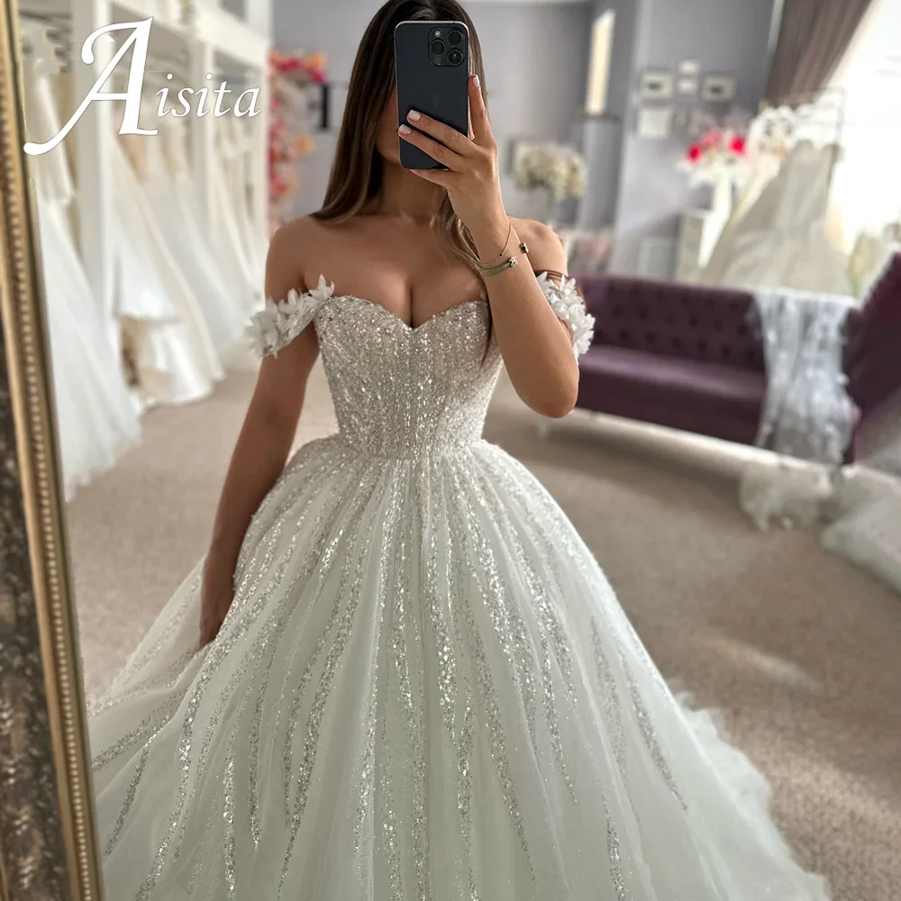 Vintage Lace Applique Wedding Dress A-Line Shiny Off Shoulder Sweetheart Bridal Gown Princess Backless Bride Gown Customized