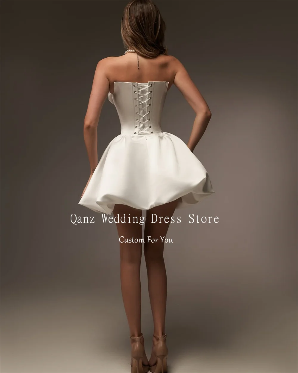 Qanz Vintage Satin Wedding Party Dresses Strapless Short A Line Ivory Lace Up Back Vestidos Para Mujer Bridal Gowns Customized