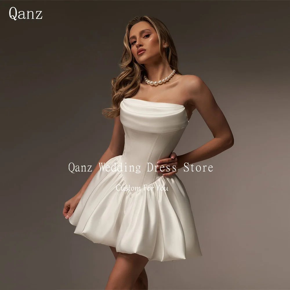 Qanz Vintage Satin Wedding Party Dresses Strapless Short A Line Ivory Lace Up Back Vestidos Para Mujer Bridal Gowns Customized