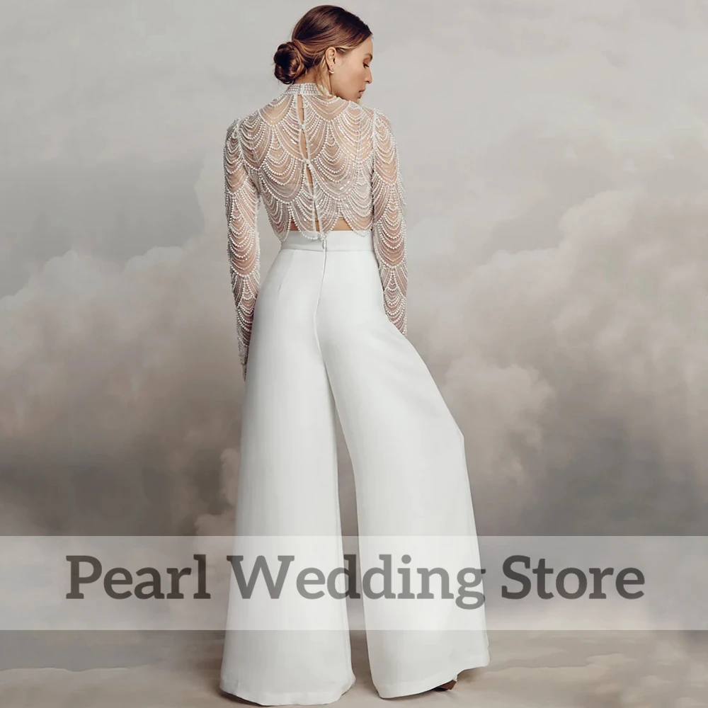 Exquisite High Neck Beading New Wedding Gown Sexy Illusion Long Sleeve Pearl Heavy Industry Bride Civil Custom Vestidos De Novia