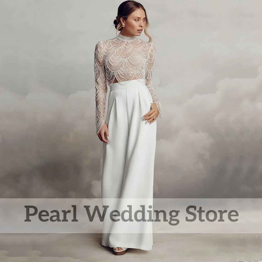 Exquisite High Neck Beading New Wedding Gown Sexy Illusion Long Sleeve Pearl Heavy Industry Bride Civil Custom Vestidos De Novia