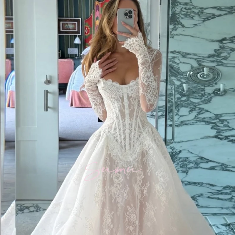 Customized Wedding Dresses Elegant Lace Long Sleeve A-Line Button Boho Bridal Gowns robe de mariée