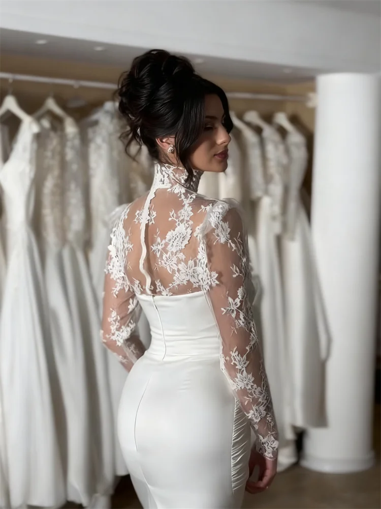 Customized High Neckline Long Lace Sleeves Mermaid Satin Wedding Dress Sexy Back Zipper Floor Length Sweep Train Gown For Bride