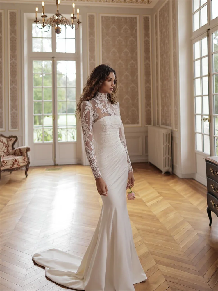 Customized High Neckline Long Lace Sleeves Mermaid Satin Wedding Dress Sexy Back Zipper Floor Length Sweep Train Gown For Bride