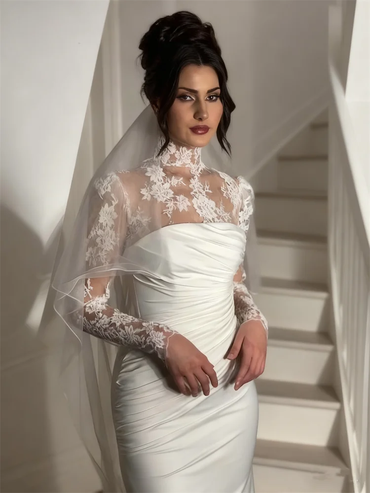 Customized High Neckline Long Lace Sleeves Mermaid Satin Wedding Dress Sexy Back Zipper Floor Length Sweep Train Gown For Bride