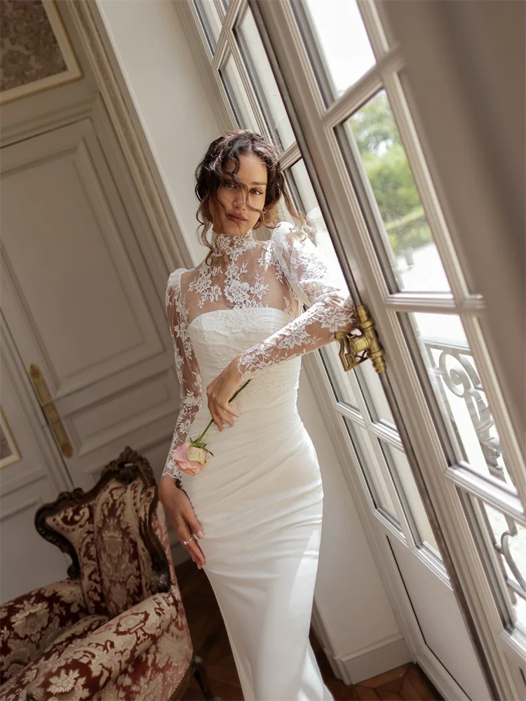 Customized High Neckline Long Lace Sleeves Mermaid Satin Wedding Dress Sexy Back Zipper Floor Length Sweep Train Gown For Bride