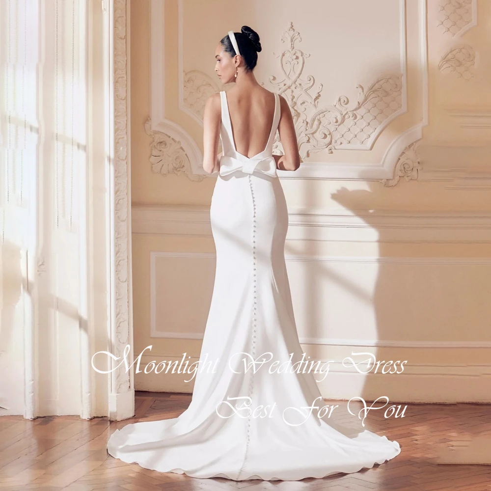 Simple O-Neck Mermaid Wedding Dress 2026 Sleeveless Bow Open Back Buttons Sweep Train Bridal Gown Vestidos De Novia Customized