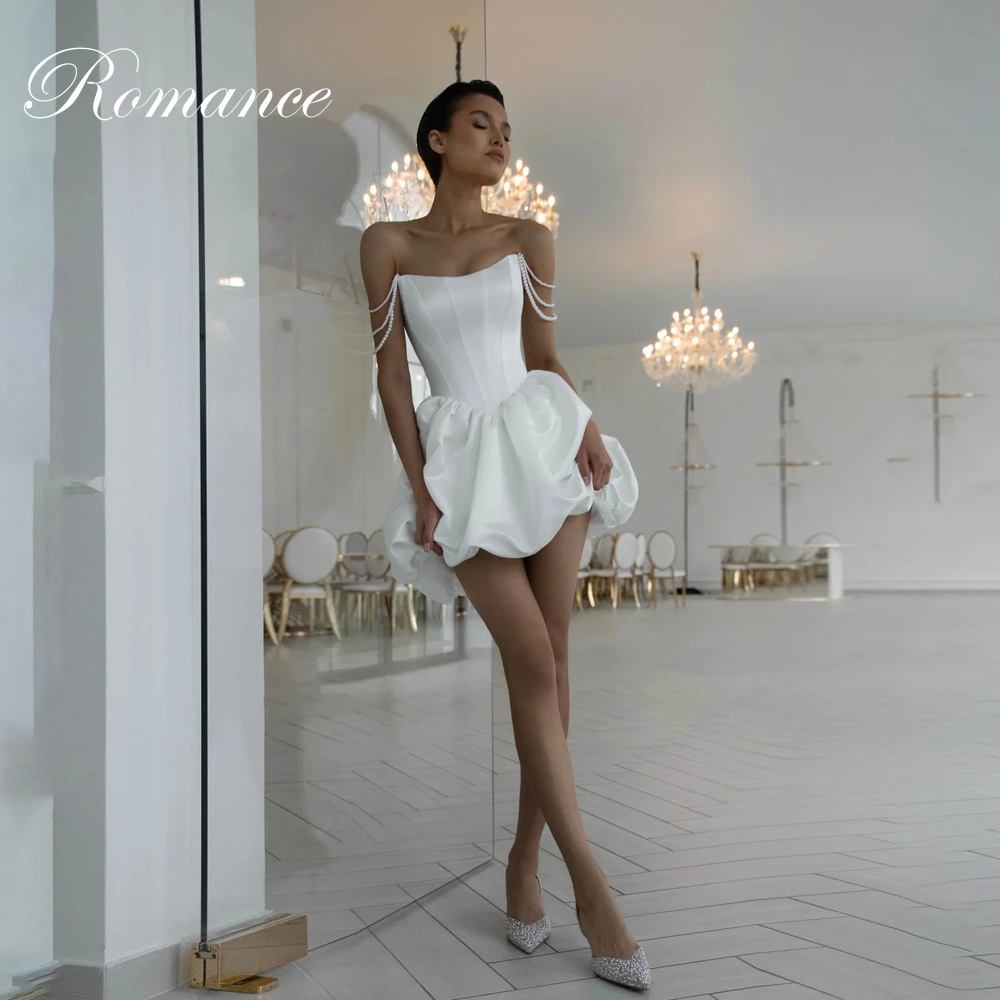 Modern Pleat Satin Short Ball Gown Wedding Dress Boat-Neck Off The Shoulder Above Knee Open Back Vestidos De Novia Customized