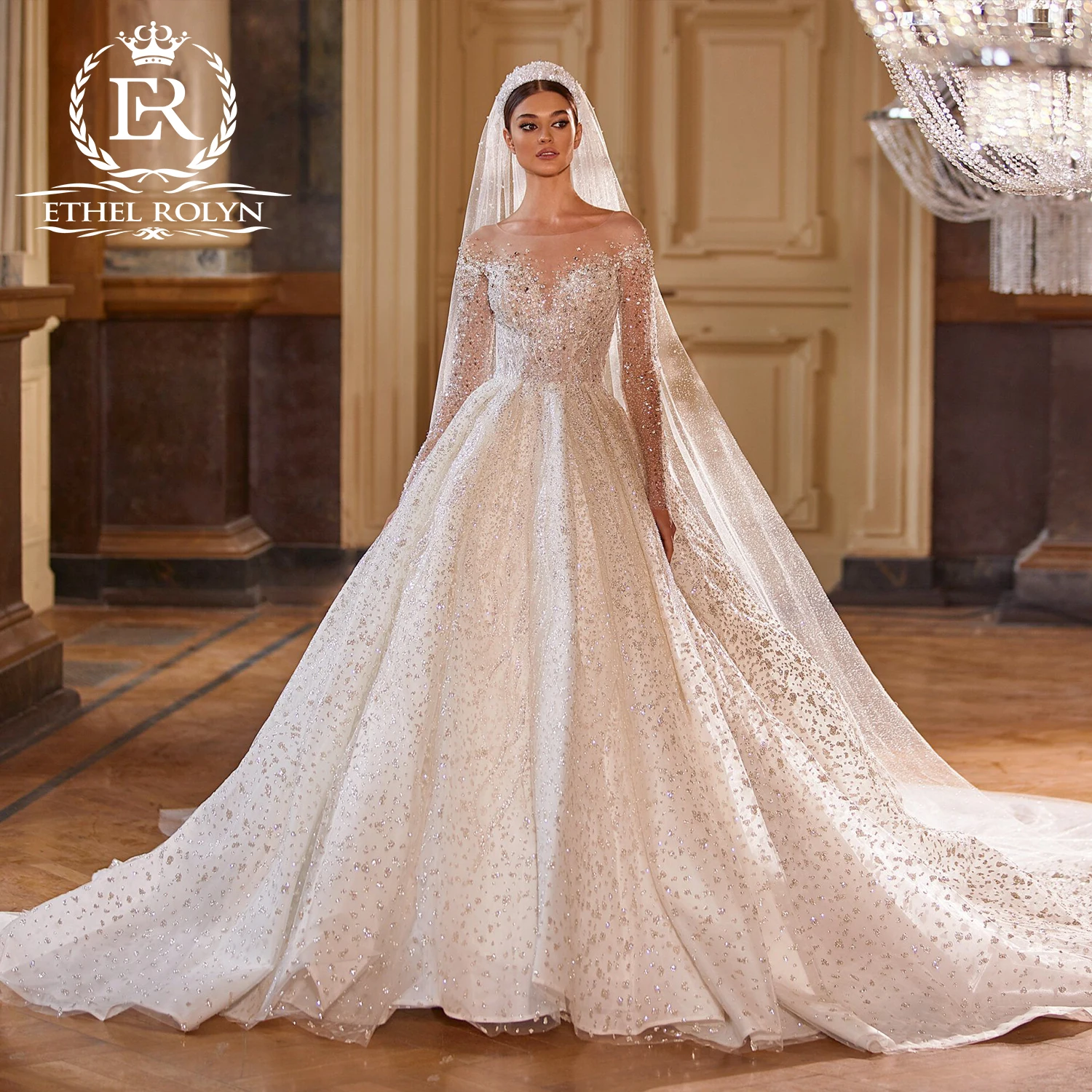 ETHEL ROLYN Luxury Wedding Dress For Women Real Photos Long Sleeve Full Sparkling Crystal Beaded Wedding Gown Vestidos De Novia