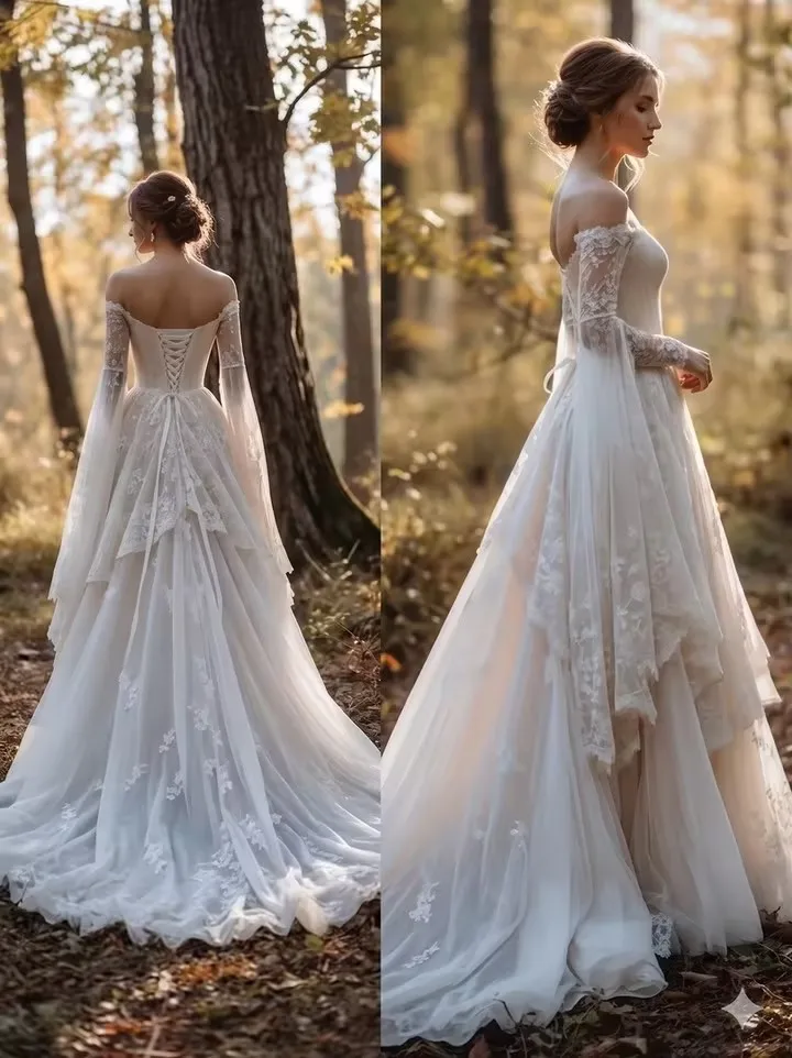 Verngo Boho Off Shoulder Long Sleeve Wedding Dress Lace Corset A Line Bridal Gown Fairy Forest Elegant Bride Dress Customized