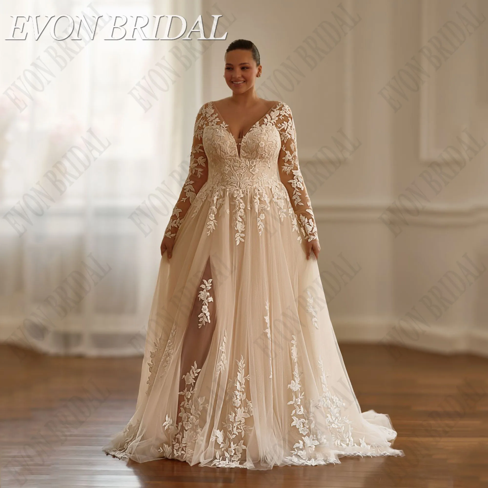 EVON BRIDAL Customized V-Neck Plus Size Wedding Dresses Full Sleeve A-Line Tulle Vestidos De Novia Applique Long Bride Gowns