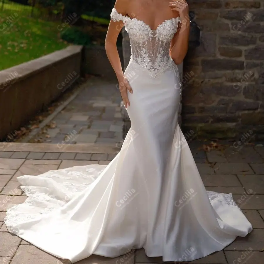 Vintage Wedding Dresses Satin Bridal Gowns Lace Appliques Off The Shoulder Robes Sweep Train Vestidos De Novia Customized 2025