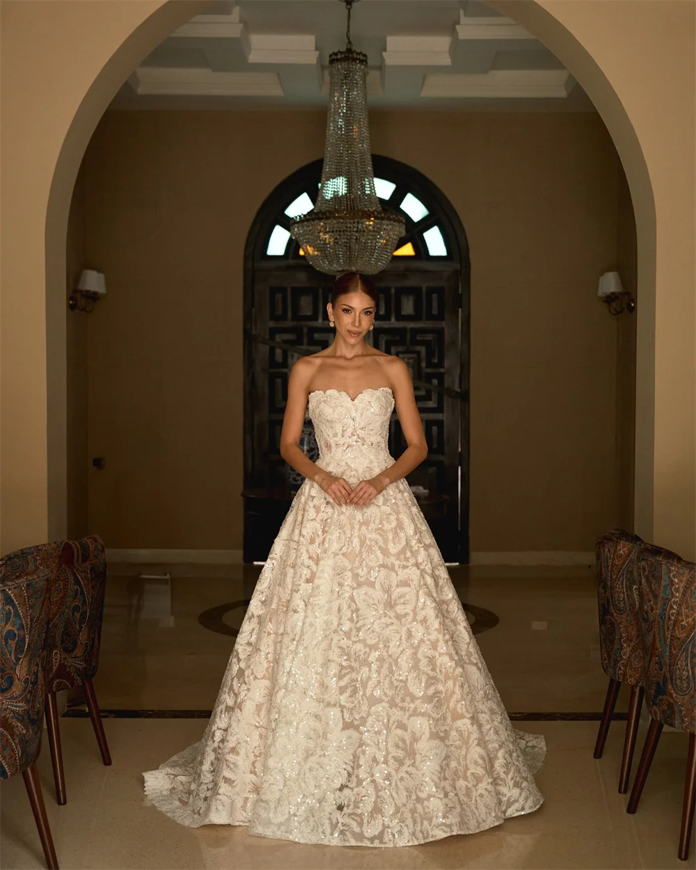 Kyoto Customized Ivory Flower Lace Strapless Wedding Dress Glitter Sweetheart Neck vestidos de novia A-Line Long Train Formal