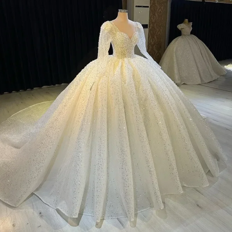 Customized White Ball Gown Wedding Dresses Sweetheart Neck Long Sleeves Vestido De Novia Lace Sequined Luxury Robe De Marie