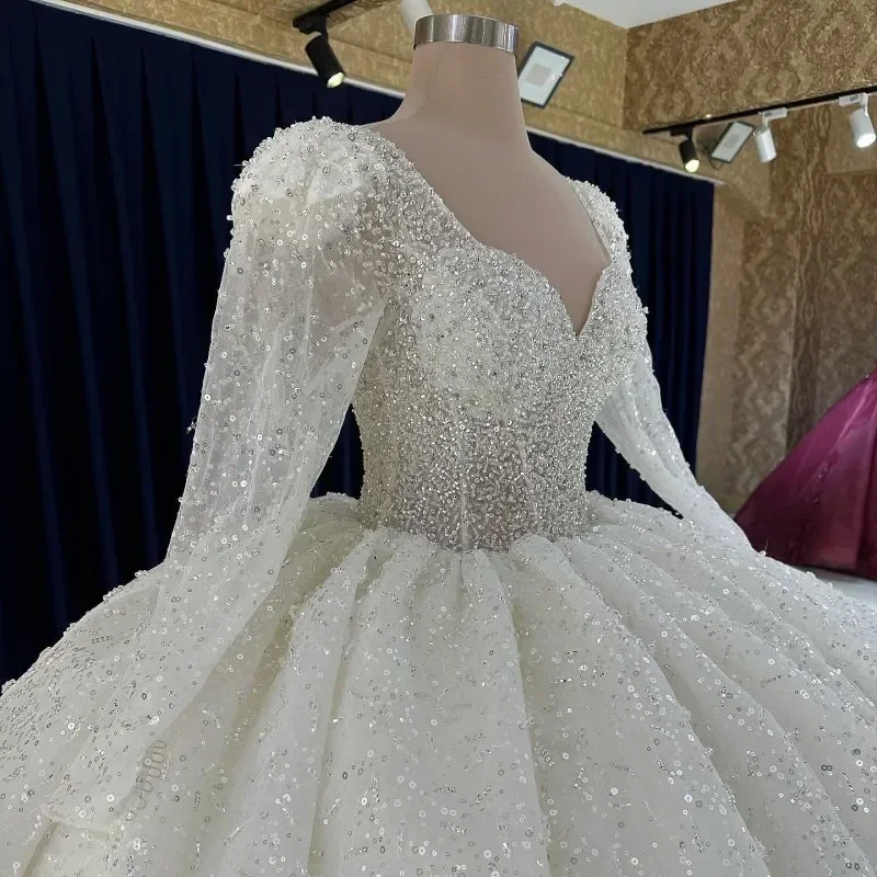 Customized White Ball Gown Wedding Dresses Sweetheart Neck Long Sleeves Vestido De Novia Lace Sequined Luxury Robe De Marie