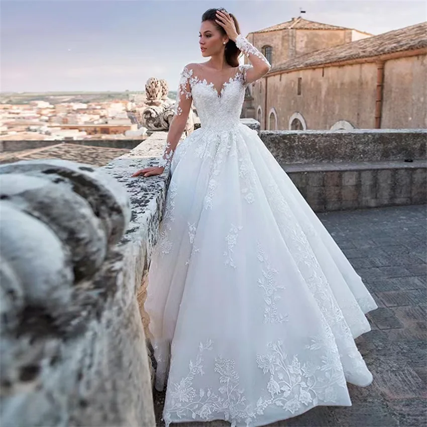 Customized Elegant White Wedding Dresses Illusion Long Sleeves Luxury Appliques Lace Bride Dresses Princess Tulle Wedding Gown